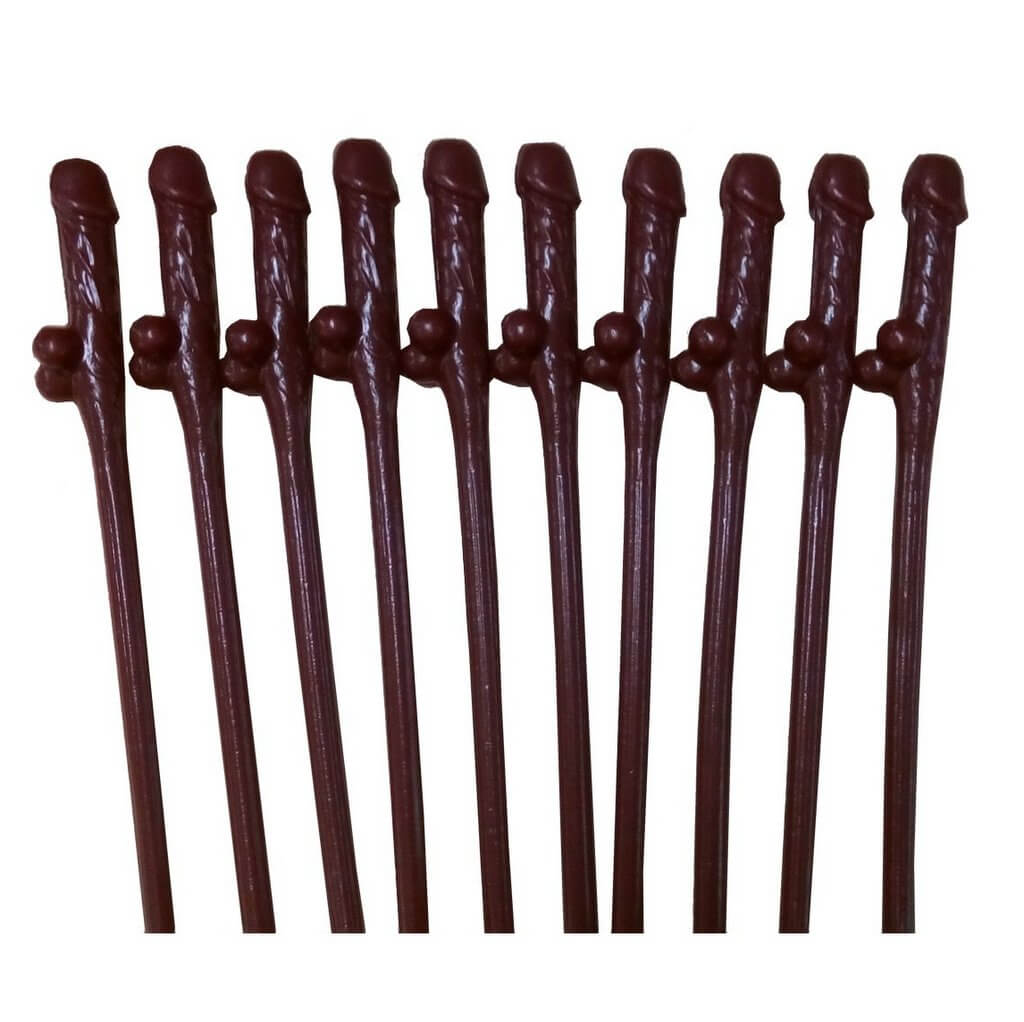 Brown Naughty Hens Party Penis Shaped Drinking Straw 10 Pack