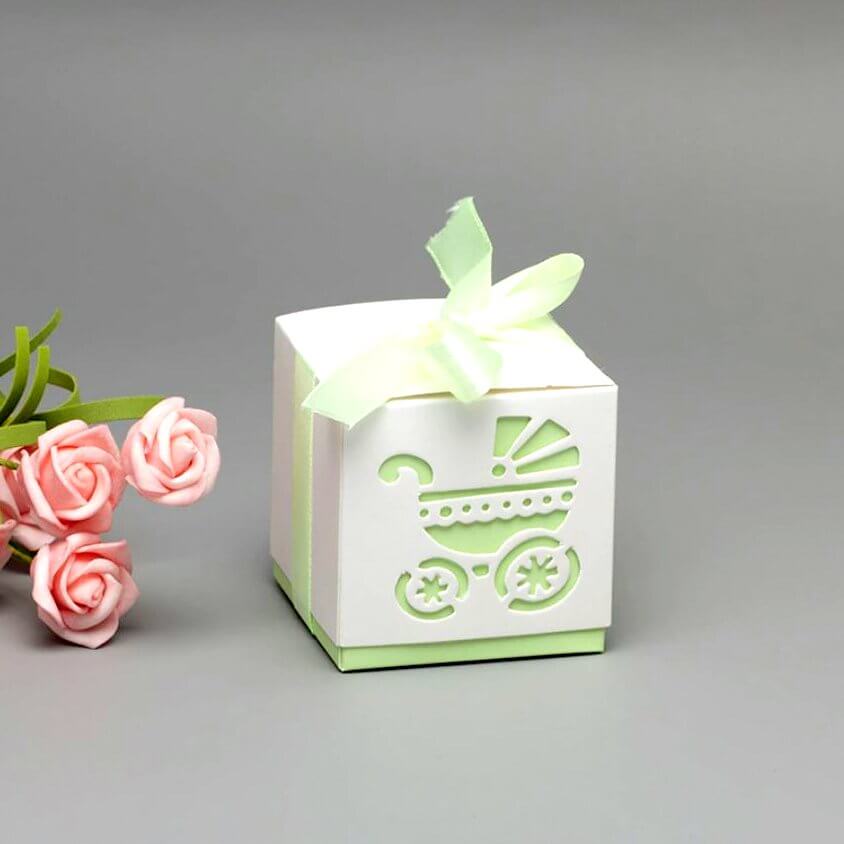 Green Pram Baby Shower Favour Box 10 Pack