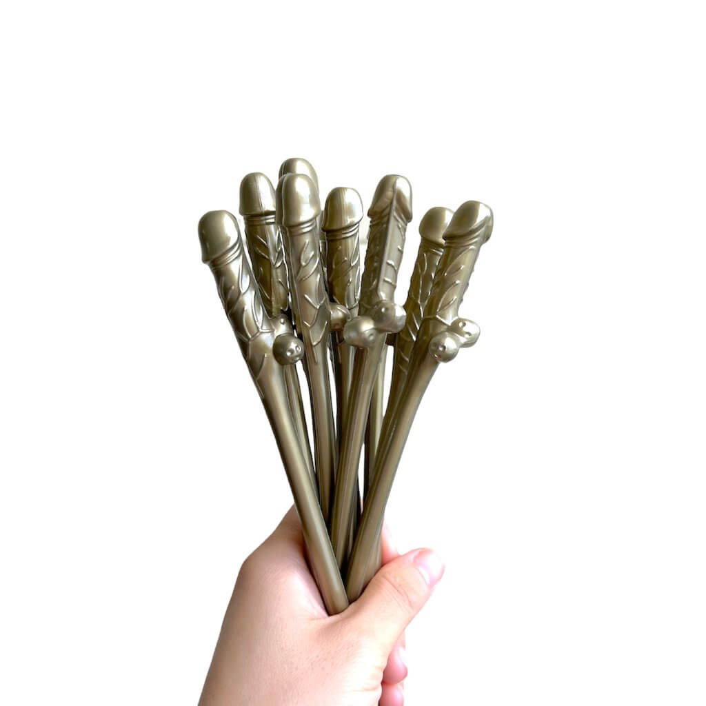 Gold Naughty Hens Party Penis Shaped Drinking Straw 10 Pack