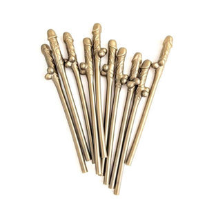 Gold Naughty Hens Party Penis Shaped Drinking Straw 10 Pack