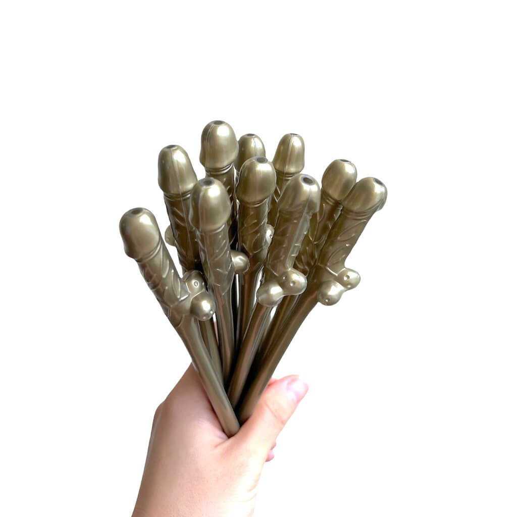 Gold Naughty Hens Party Penis Shaped Drinking Straw 10 Pack
