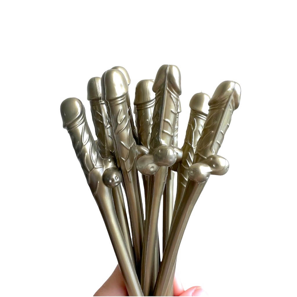 Gold Naughty Hens Party Penis Shaped Drinking Straw 10 Pack