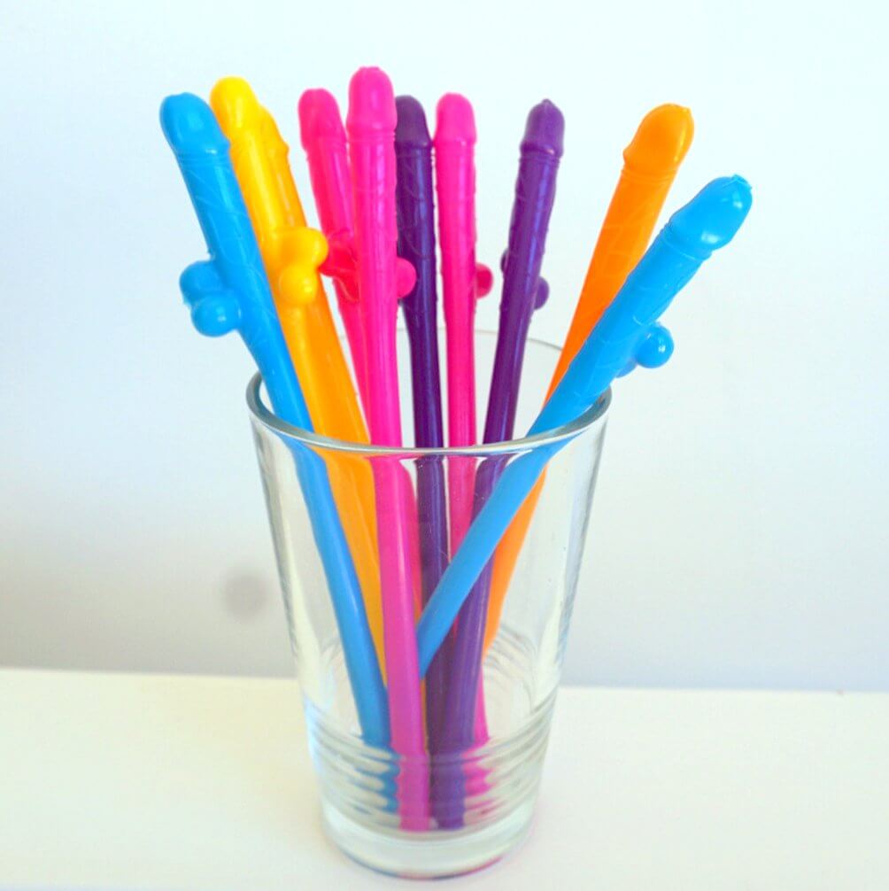 Multicoloured Naughty Hens Party Penis Shaped Drinking Straw 10 Pack