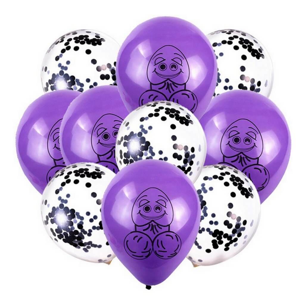 Purple Smiling Penis Latex & Black Confetti Balloon 10 Pack