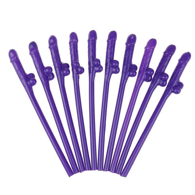 Purple Naughty Hens Party Penis Shaped Drinking Straw 10 Pack