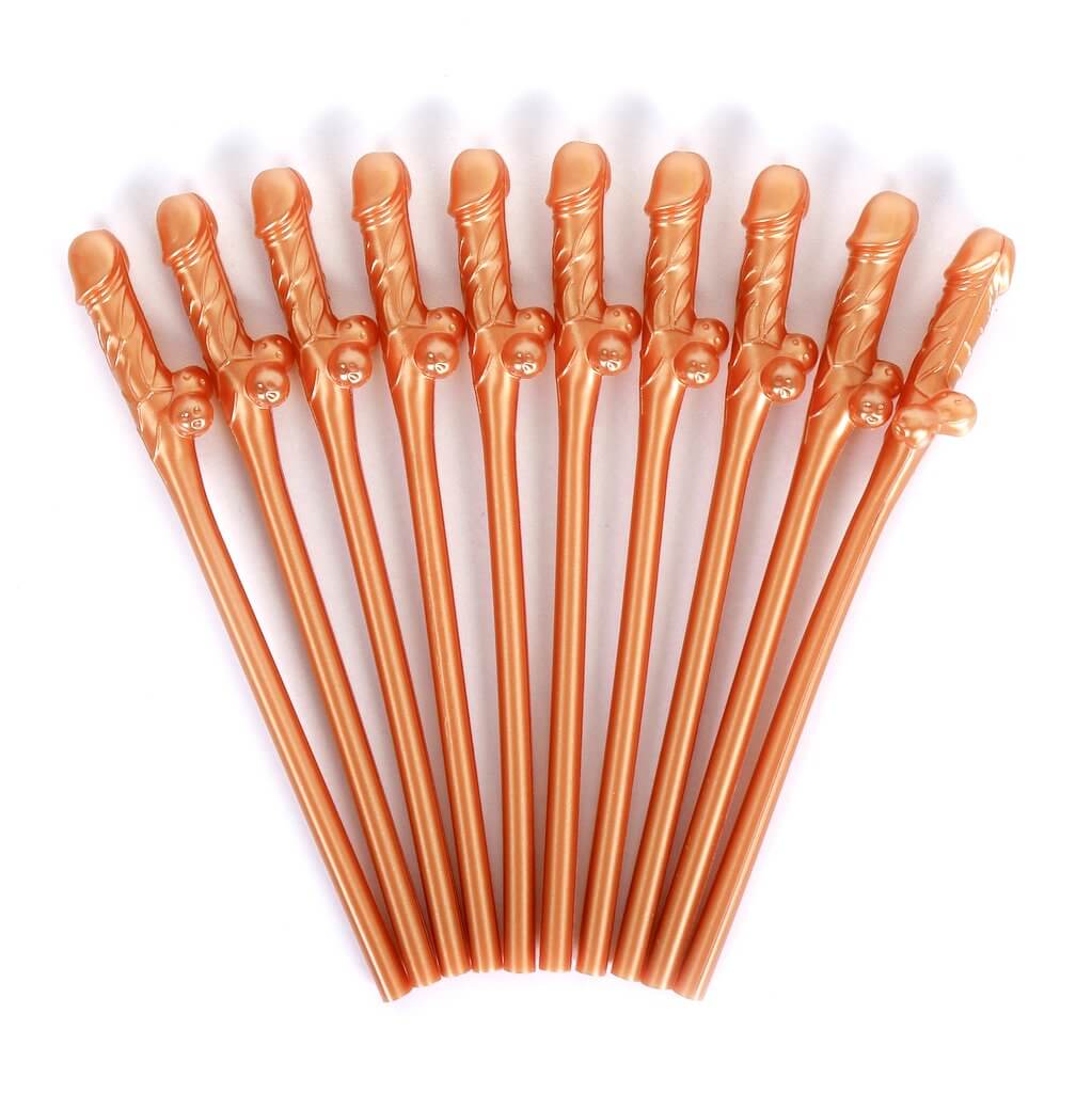 Rose Gold Naughty Hens Party Penis Shaped Drinking Straw 10 Pack