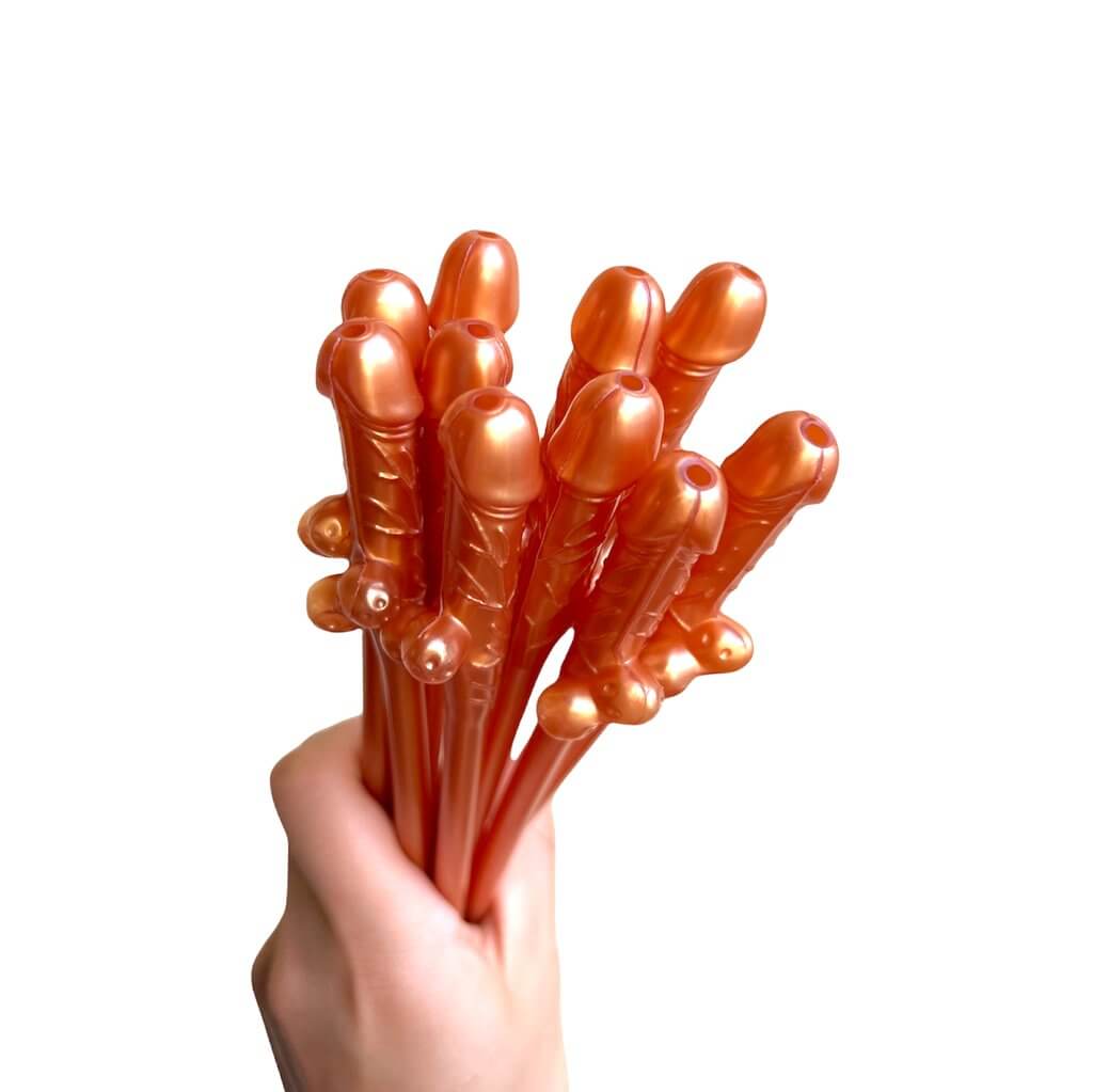 Rose Gold Naughty Hens Party Penis Shaped Drinking Straw 10 Pack