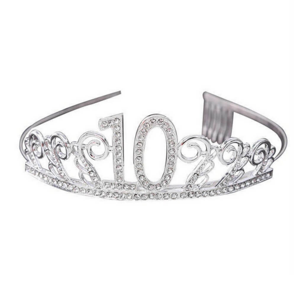 Premium Quality Metal Silver Rhinestone 10th Birthday Tiara - 10th Birthday Party Decorations
