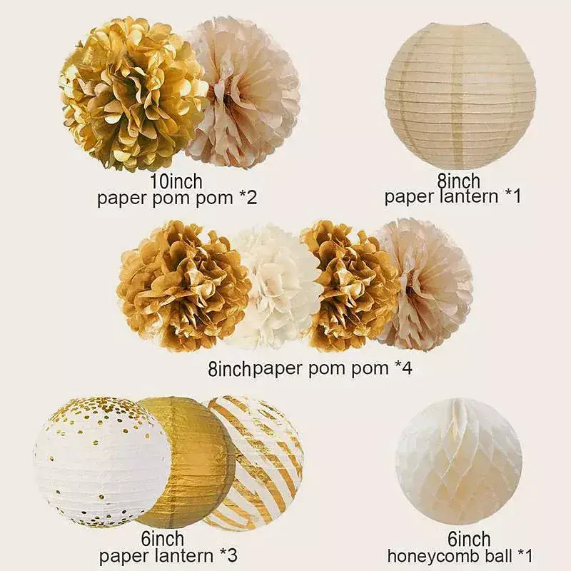 Ivory & Gold Paper Pom Pom and Round Lantern 11 Pack