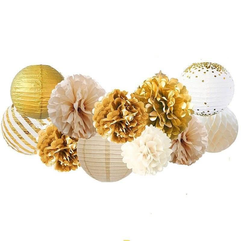 Ivory & Gold Paper Pom Pom and Round Lantern 11 Pack