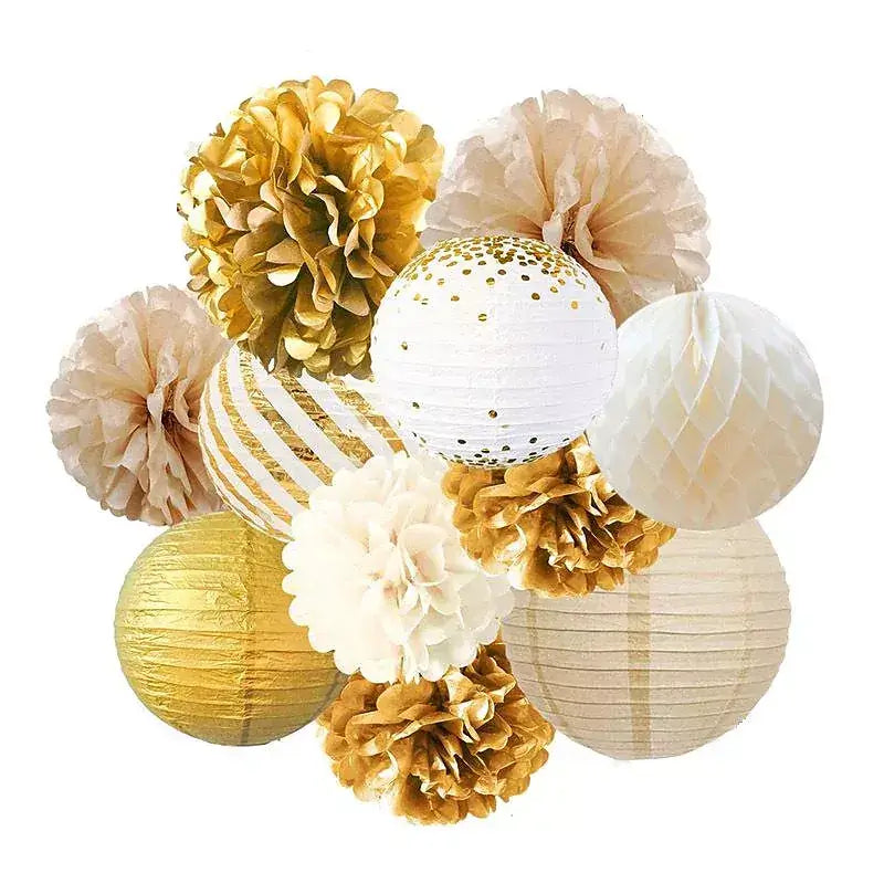 Ivory & Gold Paper Pom Pom and Round Lantern 11 Pack