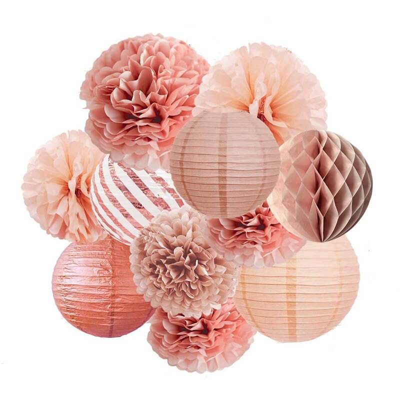 Peach & Rose Gold Paper Pom Pom and Round Lantern 11 Pack