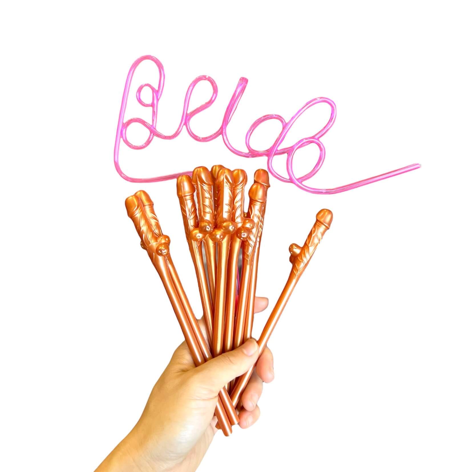 Rose Gold Naughty Hen Party Penis & Pink Swirly Bride Drinking Straw Pack of 11 - Bachelorette Party Tablewares and Party Favours