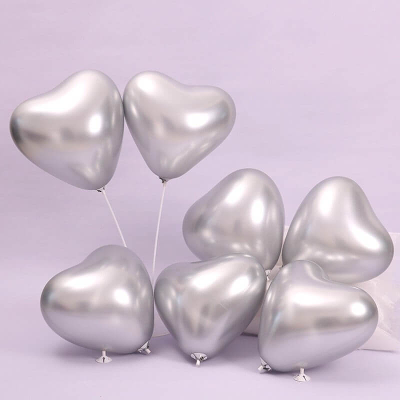 12-inch Chrome Heart Latex Balloons 10pk - Metallic Silver