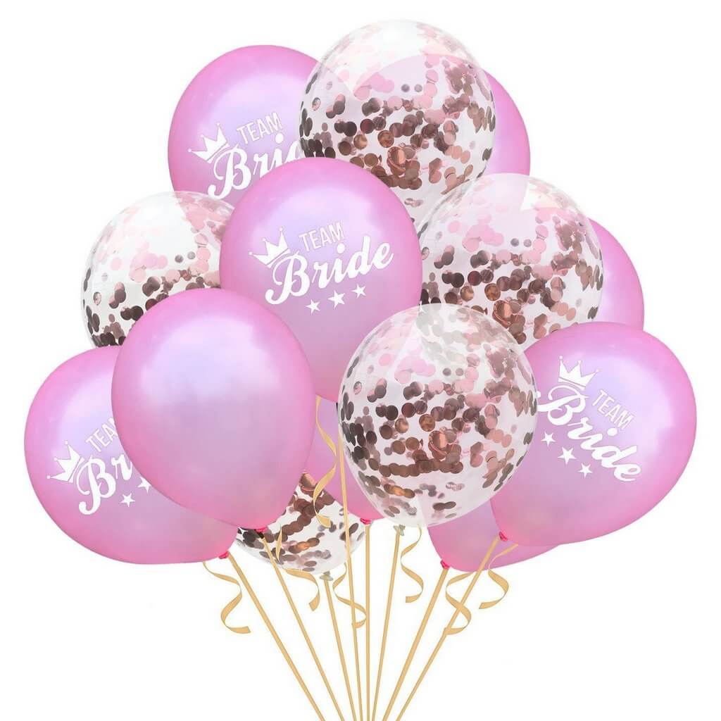 12" Hot Pink Team Bride Confetti Balloon Bouquet (15 Pack) - Rose Gold Confetti