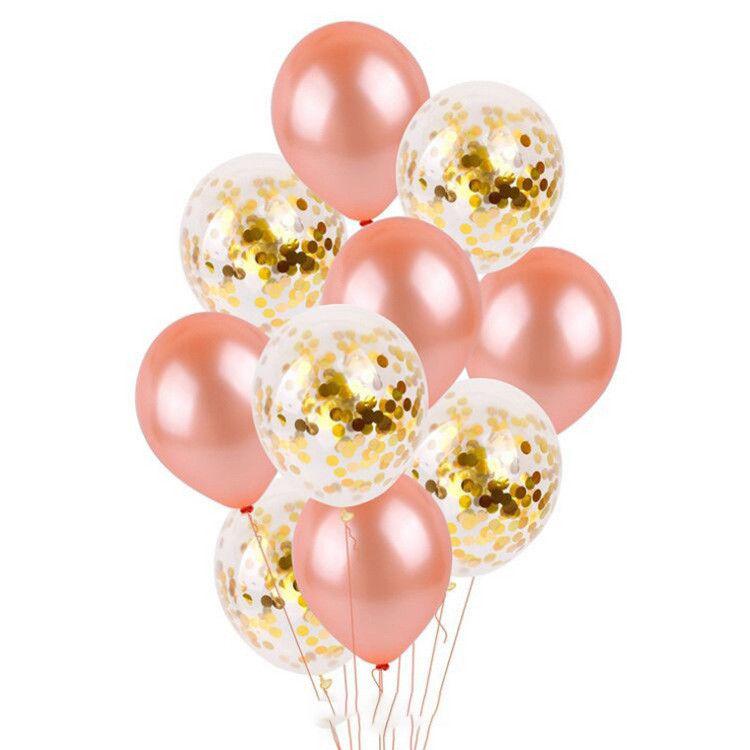 12 Inch Rose Gold Latex Gold Confetti Balloon Bouquet - 10 Pieces - Online Party Supplies