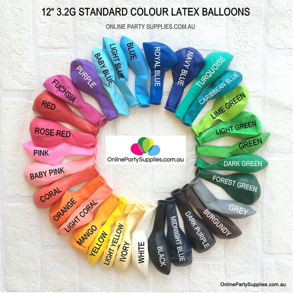 Online Party Supplies 12 inch 3.2g thickened solid standard colour latex balloon multi colour chart