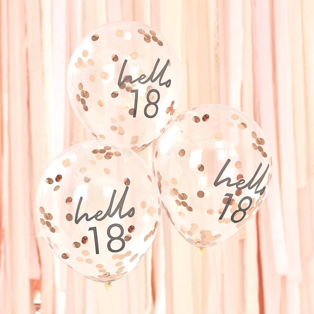 Ginger Ray Rose Gold Confetti 'Hello 18' Balloon 5 Pack