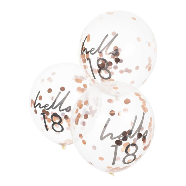 Rose Gold Confetti 'Hello 18' Balloons 5pk | Party Supplies