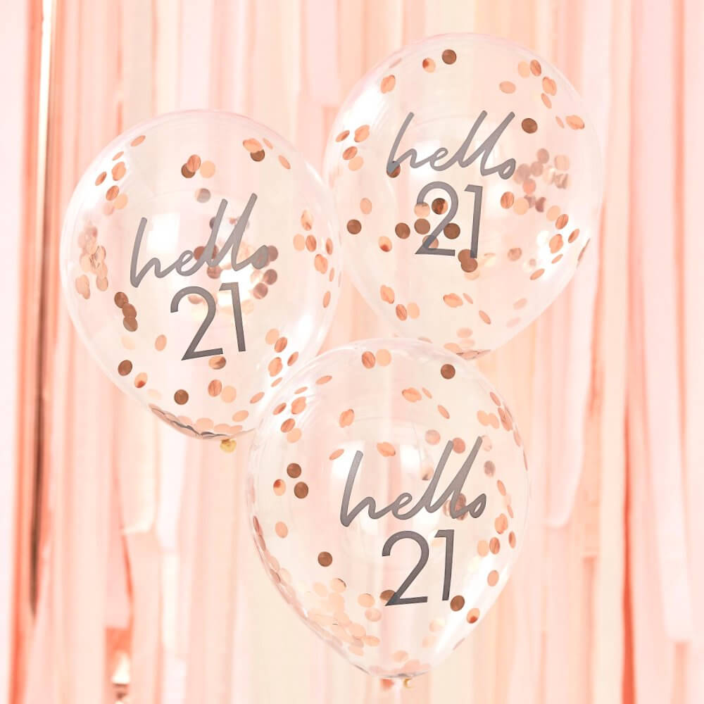 Ginger Ray Rose Gold Confetti 'Hello 21' Balloon 5 Pack