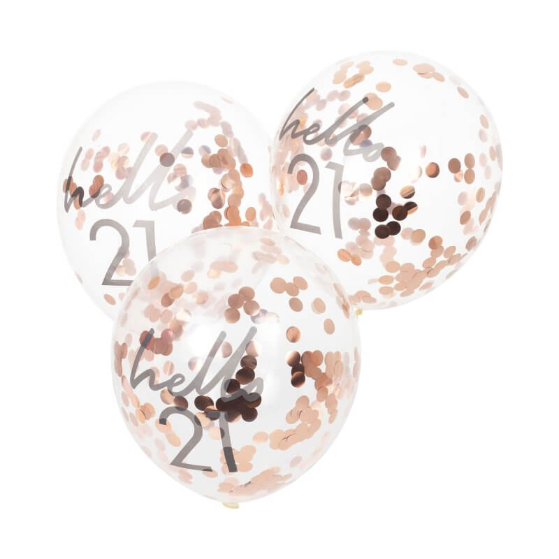 Ginger Ray Rose Gold Confetti 'Hello 21' Balloon 5 Pack