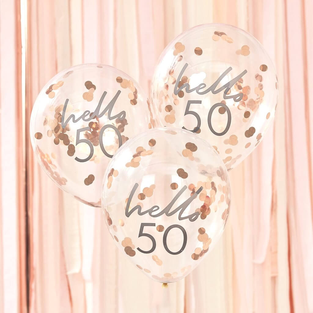 Ginger Ray Rose Gold Confetti 'Hello 50' Balloon 5 Pack