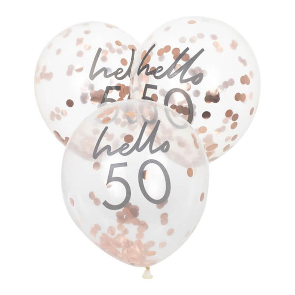 Rose Gold Confetti 'Hello 50' Balloons 5pk | Party Supplies