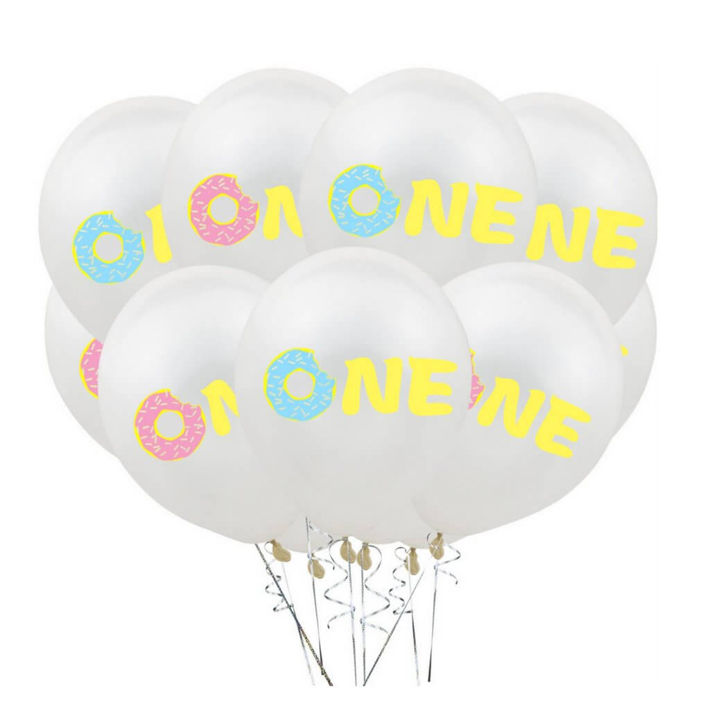 12" Blue & Pink Donut Print White Latex Balloon Bundle 10 Pack