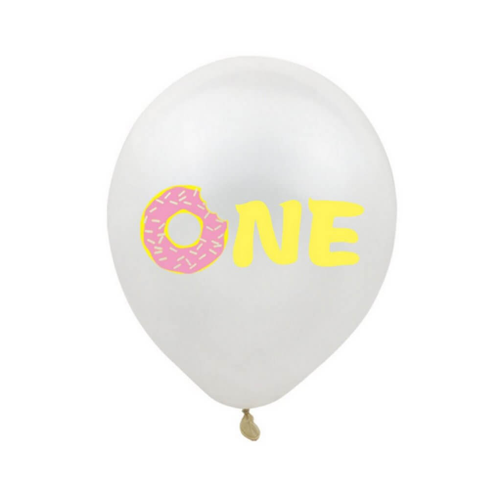 12" Pink Donut Print White Latex Balloon 10 Pack - Donut Themed Birthday Baby Shower Party Decorations
