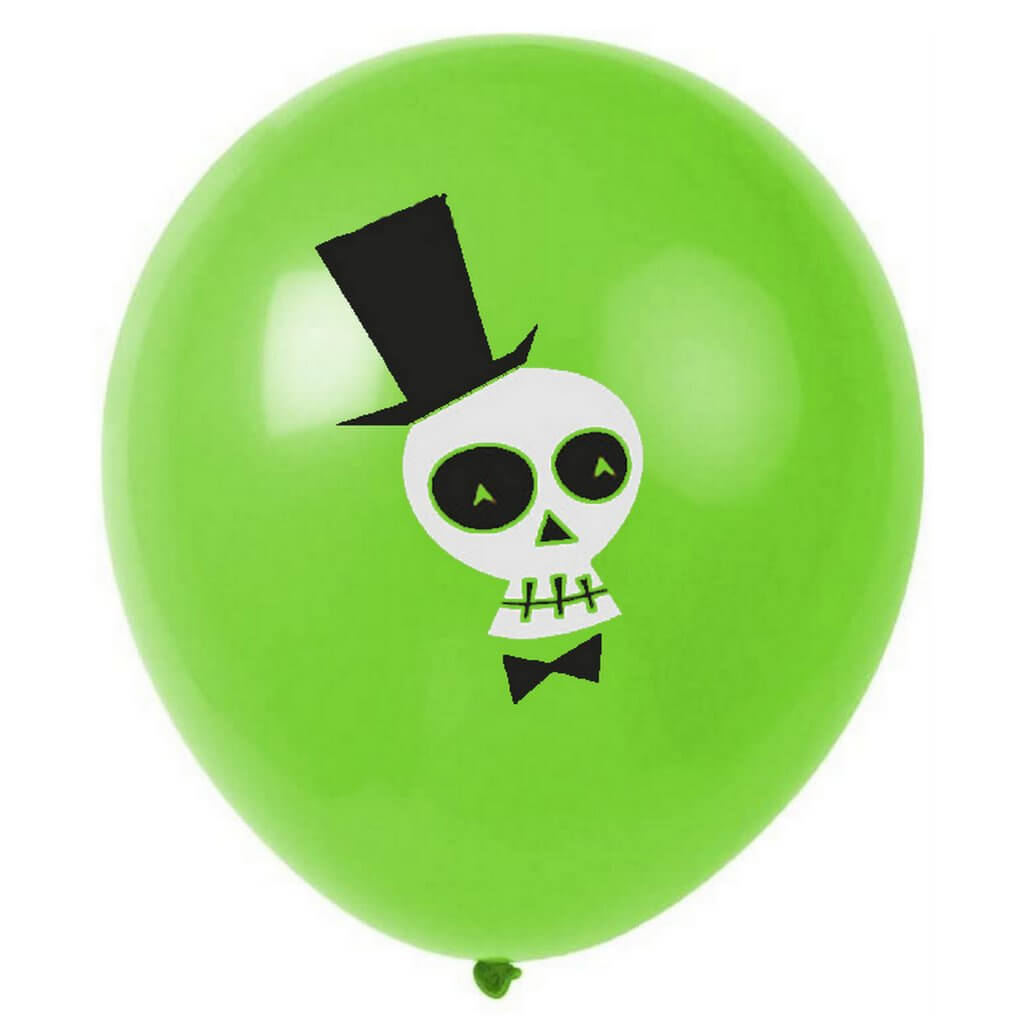 Green Halloween latex balloon with white skeleton in black hat and tie