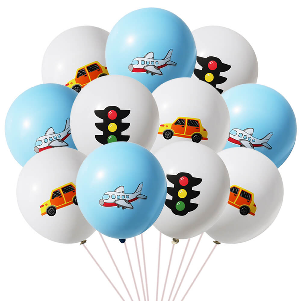 12" Traffic Light Car Plane Latex Balloon 12 Pack - White & Blue