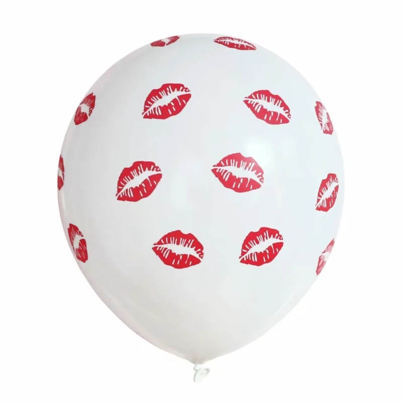 White balloons with red lip print on a white background