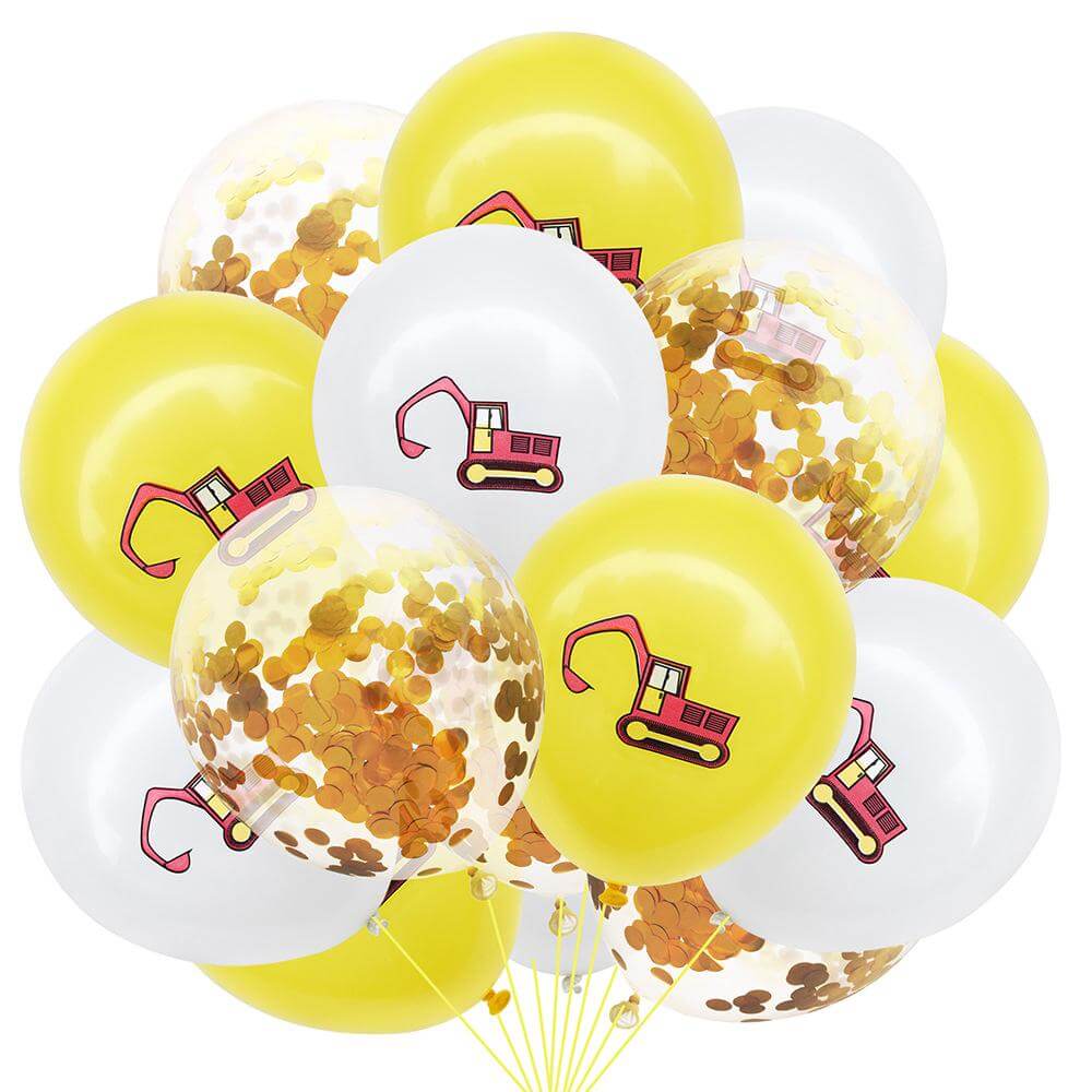 12inch Excavator Printed Latex & Gold Confetti Balloon Pack of 12 Balloons