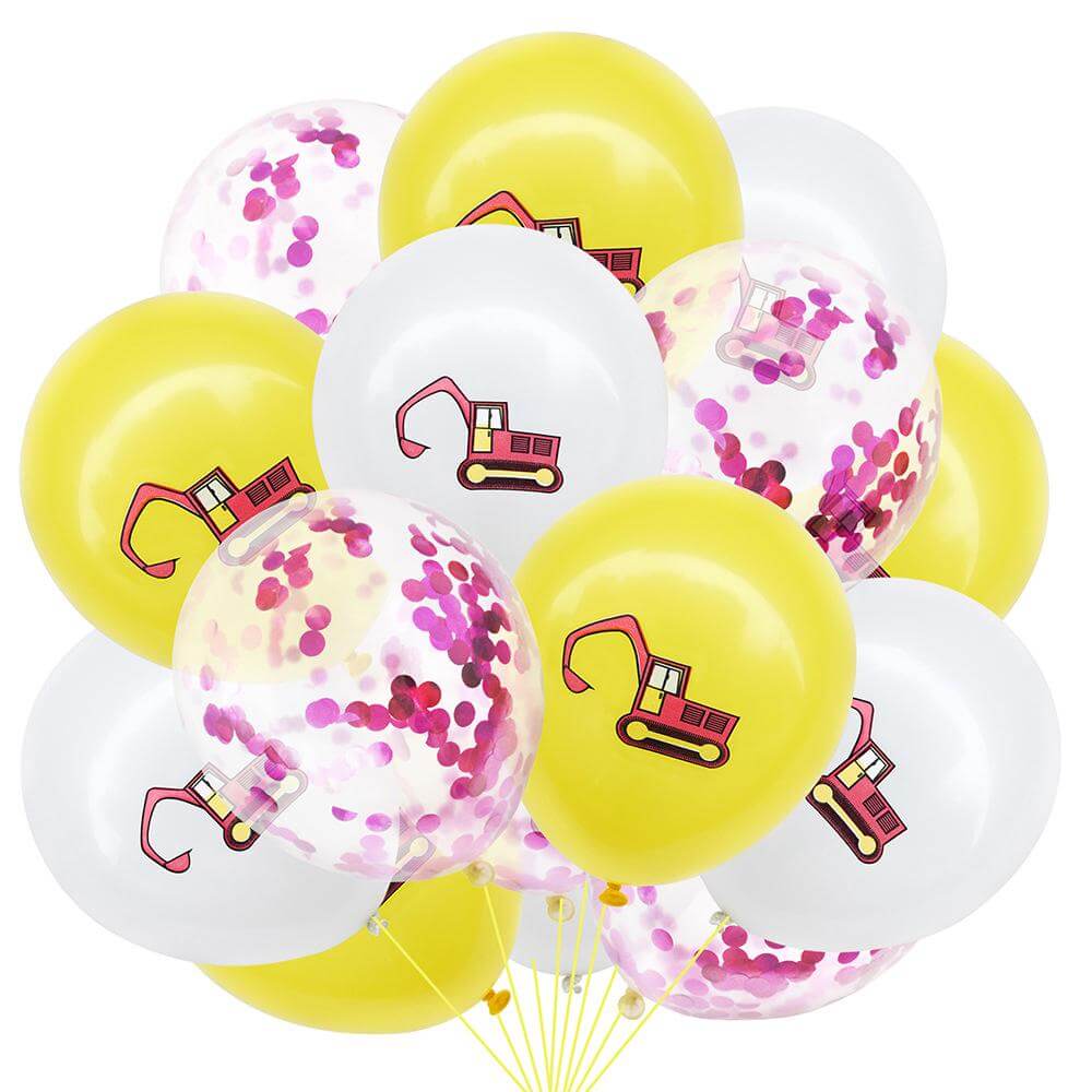 12inch Excavator Printed Latex & hot pink Confetti Balloon Pack of 12 Balloons
