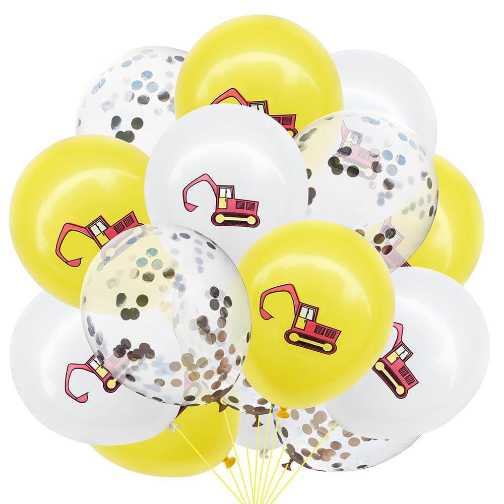 12inch Excavator Printed Latex & Silver Confetti Balloon Pack of 12 Balloons