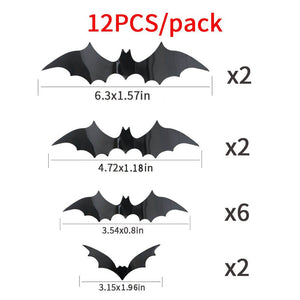 3D Removable Plastic Bat Wall Sticker 4 Size 12 Pack - Black