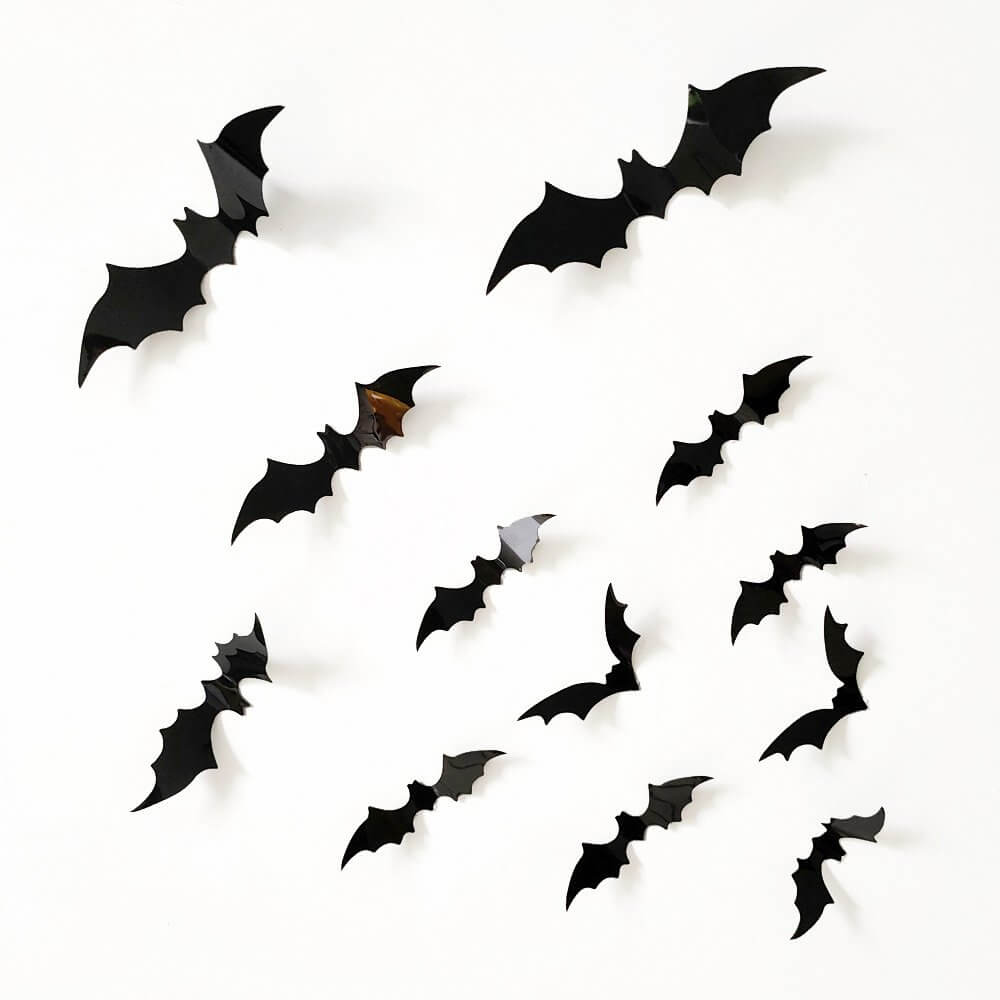 3D Removable Plastic Bat Wall Sticker 4 Size 12 Pack - Black