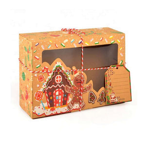 12 x Large Vintage Kraft Paper Christmas Biscuit Boxes with Clear Window, Tags & Rope - gingerbread house
