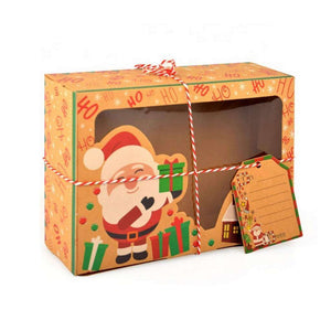12 x Large Vintage Kraft Paper Christmas Biscuit Boxes with Clear Window, Tags & Rope - santa claus