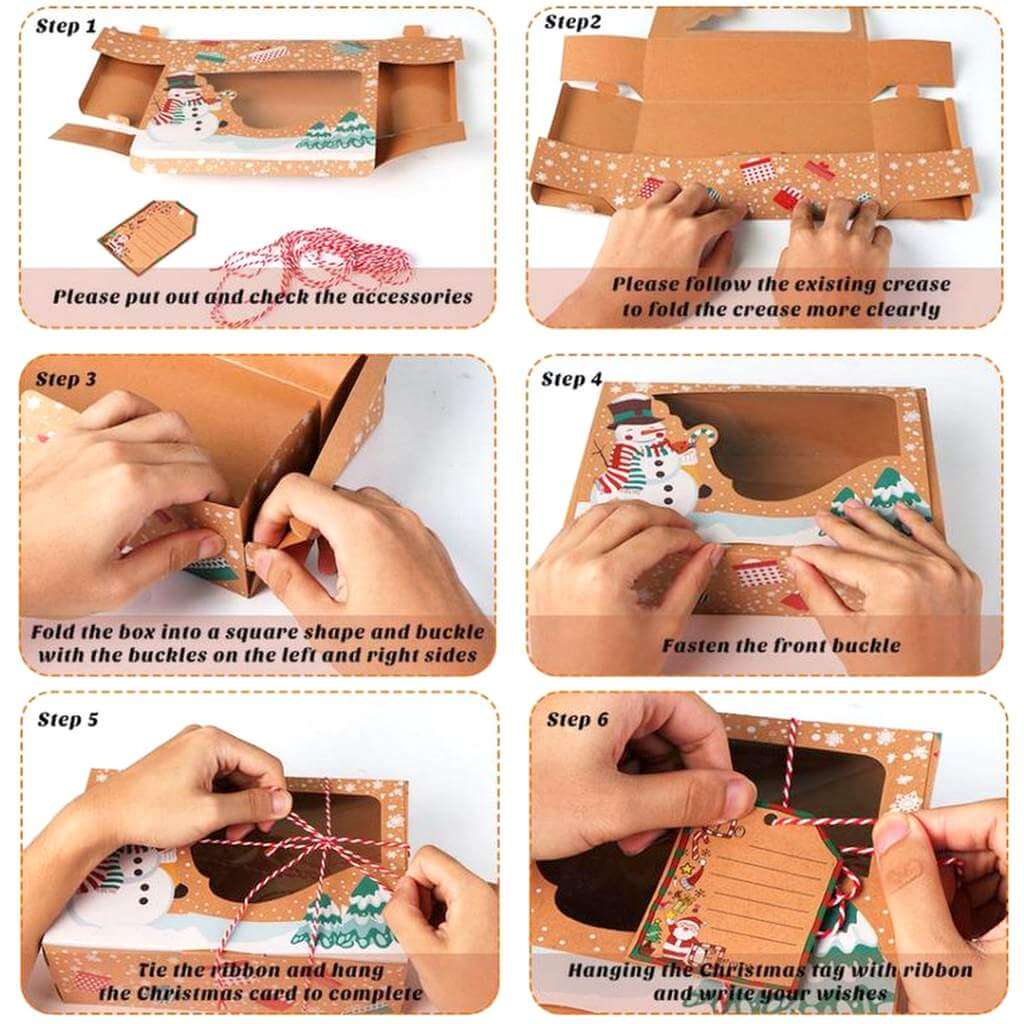 12 x Large Vintage Kraft Paper Christmas Biscuit Boxes with Clear Window, Tags & Rope folding instructions