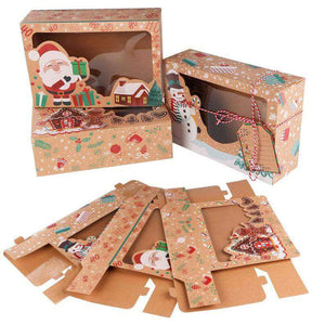 12 x Large Vintage Kraft Paper Christmas Biscuit Boxes with Clear Window, Tags & Rope - Santa, Snowman & Gingerbread house