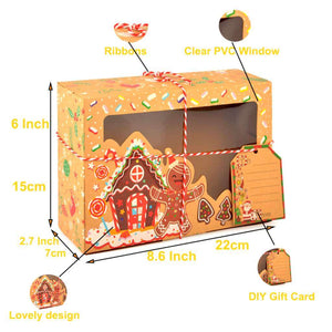 12 x Large Vintage Kraft Paper Christmas Biscuit Boxes with Clear Window, Tags & Rope dimensions
