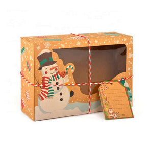 12 x Large Vintage Kraft Paper Christmas Biscuit Boxes with Clear Window, Tags & Rope - Snowman