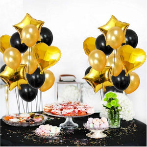 Black and Gold Star Heart Foil Party Balloon Bouquet - 14 Pieces
