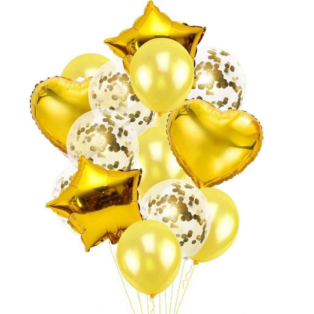 Gold Confetti Star Heart Foil Party Balloon Bouquet - 14 Pieces