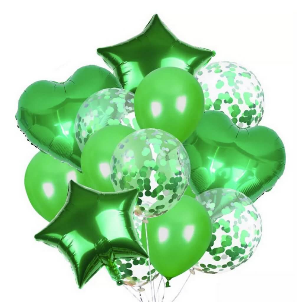 Green Star Heart Wedding Party Balloon Bouquet - 14 Pieces
