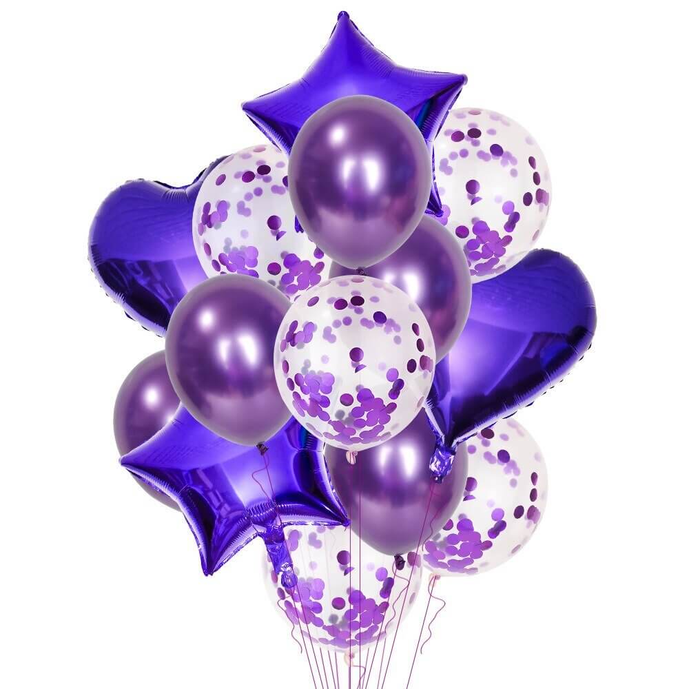 Purple Star Heart Wedding Party Balloon Bouquet - 14 Pieces