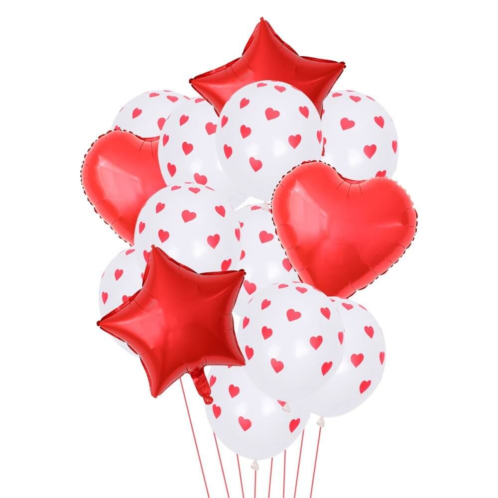 Red & White Polka Dot Heart Star Balloon Bouquet (14 Pack)