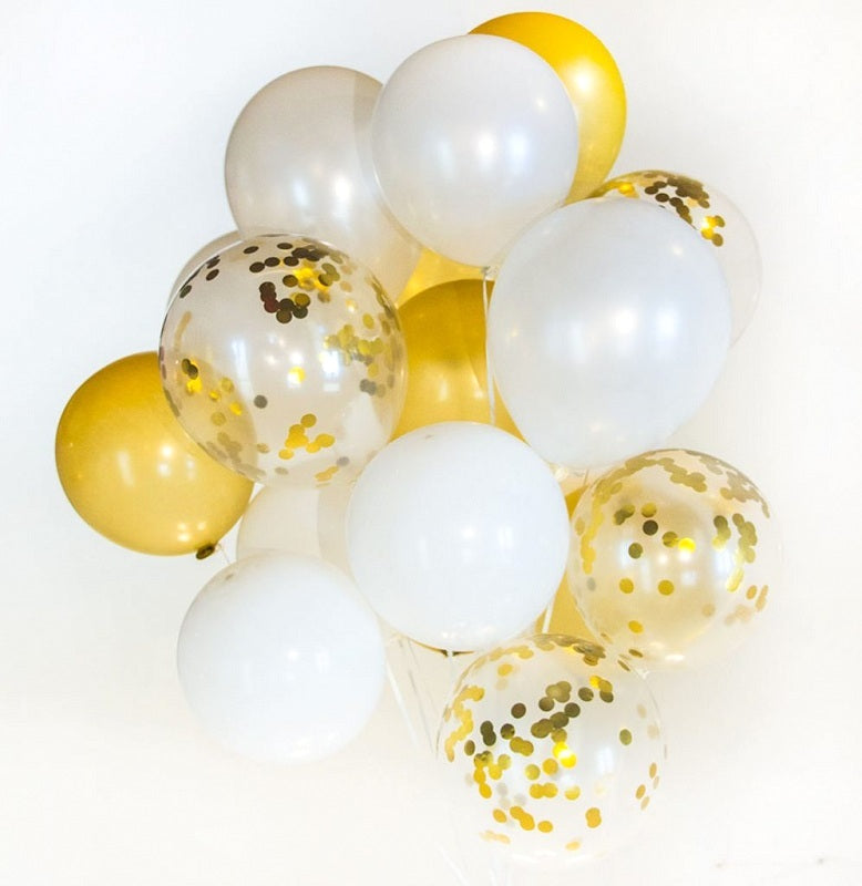 White & Gold Confetti Latex Balloon Bouquet - 15 Pieces