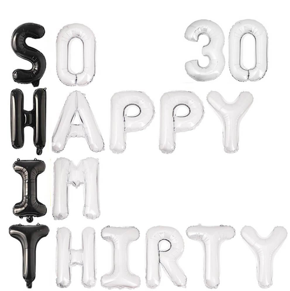 16" Black & Silver SO HAPPY IM THIRTY 30 Foil Balloon Banner - Silver 30